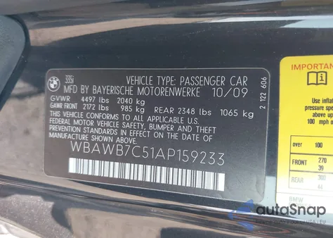 2010 BMW 335I z USA, uszkodzony, nr VIN WBAWB7C51AP159233